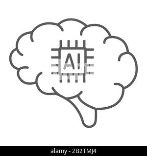 Brain with chip thin line icon, technology and brain, neurochip sign, vector graphics, a linear pattern on a white background, eps 10. Stock Vector