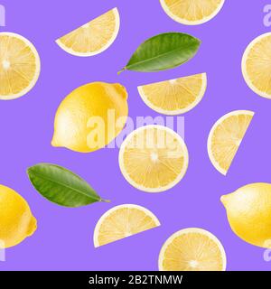 pattern with lemon slices on a purple background. Stock Photo