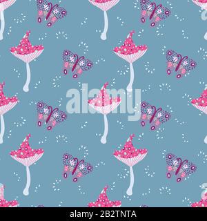 toadstools and butterflies seamless vector pattern Stock Vector