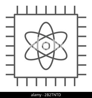 Quantum computing thin line icon, technology and processor, chip with atom sign, vector graphics, a linear pattern on a white background, eps 10. Stock Vector