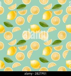 pattern with lemon slices and leaves on a light green background. Stock Photo