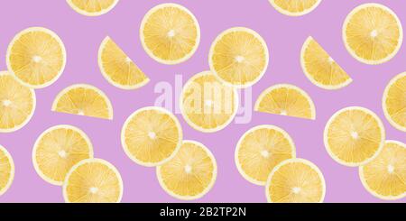 pattern with lemon slices on a purple background. Stock Photo