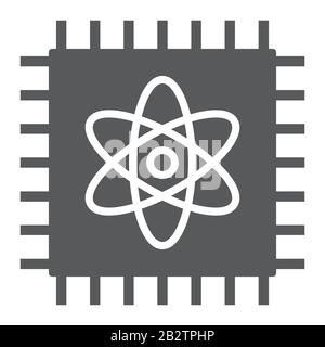 Quantum computing glyph icon, technology and processor, chip with atom sign, vector graphics, a solid pattern on a white background, eps 10. Stock Vector