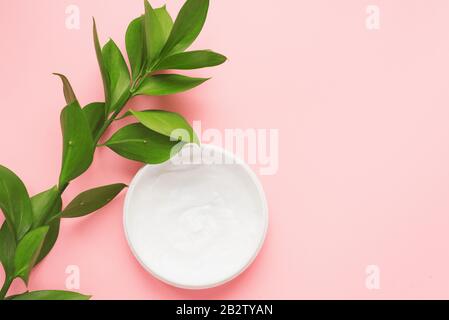 Means for skin care, rejuvenation and hydration of the face. Moisturizing cream on a patel pink background with a branch of green. Stock Photo