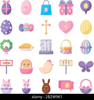 Happy easter flat style icon set design, Spring decoration holiday greeting ornament celebration festive season tradition and festival theme Vector illustration Stock Vector