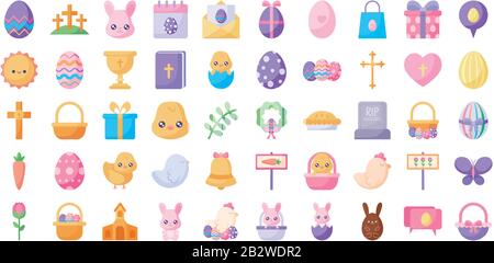 Happy easter flat style icon set design, Spring decoration holiday greeting ornament celebration festive season tradition and festival theme Vector illustration Stock Vector