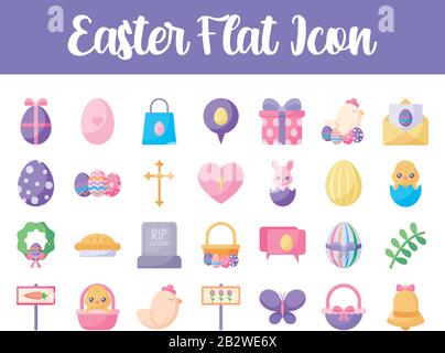 Happy easter flat style icon set design, Spring decoration holiday greeting ornament celebration festive season tradition and festival theme Vector illustration Stock Vector