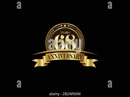 68th years anniversary logo template, vector design birthday celebration, Golden anniversary emblem with ribbon. Design for a booklet, leaflet Stock Vector