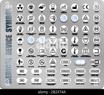 Full set of medical device packaging symbols with warning information. Medicine package black icons isolated on white. International standards ISO, AN Stock Vector