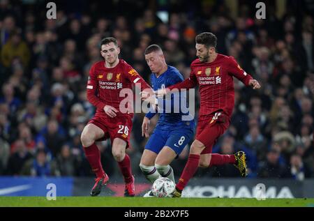 London, UK. 03rd Mar, 2020. Ross Barkley of Chelsea between Andrew Robertson (26) & Adam Lallana of Liverpool during the FA Cup 5th round match between Chelsea and Liverpool at Stamford Bridge, London, England on 3 March 2020. Photo by Andy Rowland. Credit: PRiME Media Images/Alamy Live News