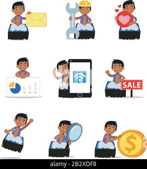 Set character of man as a cute flying genie on flying carpet. Stock Vector