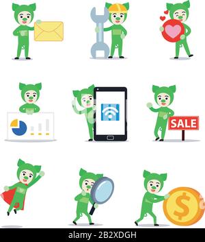 Set character of man as cheerful and cute green pig. Stock Vector