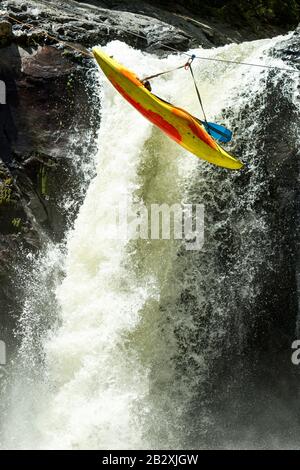 Kayak Suspended On A Zipline Extreme Sport Theme Stock Photo