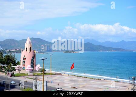 NHA TRANG, VIETNAM – 29 FEBRUARY 2020 : Tram Huong Tower, which is located in the center of the city, is considered as the symbol of Nha Trang city Stock Photo