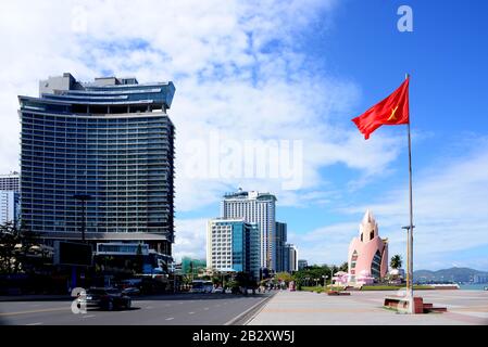 NHA TRANG, VIETNAM – 29 FEBRUARY 2020 : Tram Huong Tower, which is located in the center of the city, is considered as the symbol of Nha Trang city Stock Photo