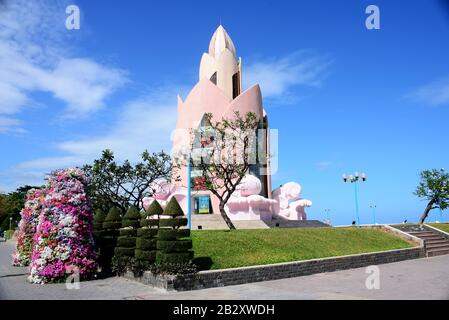 NHA TRANG, VIETNAM – 29 FEBRUARY 2020 : Tram Huong Tower, which is located in the center of the city, is considered as the symbol of Nha Trang city Stock Photo