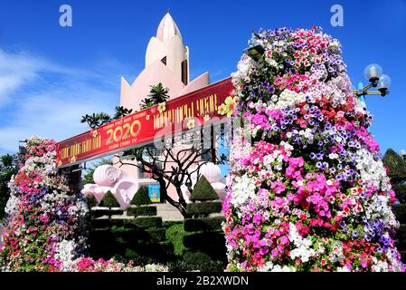 NHA TRANG, VIETNAM – 29 FEBRUARY 2020 : Tram Huong Tower, which is located in the center of the city,is considered as the symbol of Nha Trang city Stock Photo