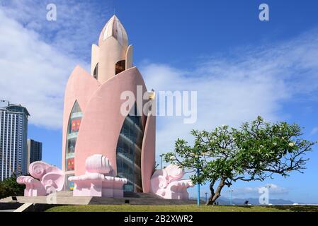 NHA TRANG, VIETNAM – 29 FEBRUARY 2020 : Tram Huong Tower, which is located in the center of the city,is considered as the symbol of Nha Trang city Stock Photo