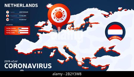 Isometric map of Europe with highlighted country Netherlands vector illustration. coronavirus statistics. 2019-nCoV Dangerous chinese ncov corona viru Stock Vector