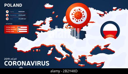 Isometric map of Europe with highlighted country Poland vector illustration. coronavirus statistics. 2019-nCoV Dangerous chinese ncov corona virus. in Stock Vector