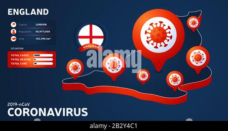 Isometric map of England with highlighted country vector illustration on dark background. coronavirus statistics. 2019-nCoV Dangerous chinese ncov cor Stock Vector