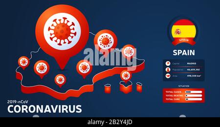 Isometric map of Spain with highlighted country vector illustration on dark background. coronavirus statistics. 2019-nCoV Dangerous chinese ncov coron Stock Vector