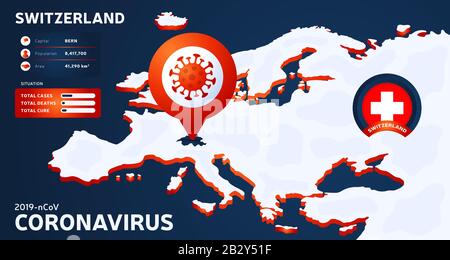 Isometric map of Europe with highlighted country Switzerland vector illustration. coronavirus statistics. 2019-nCoV Dangerous chinese ncov corona viru Stock Vector