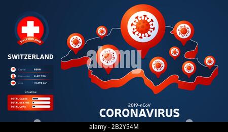 Isometric map of Switzerland with highlighted country vector illustration on dark background. coronavirus statistics. 2019-nCoV Dangerous chinese ncov Stock Vector