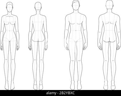 Fashion Template Of Standing Men And Women 9 Head Size For Technical Drawing Gentlemen And Lady Figure Front And Back View Vector Outline Boy And Girl For Fashion Sketching And Illustration Stock