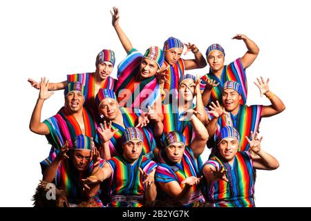 Ecuadorian Folkloric Crowd Dressed Up In Popular Costumes Studio Shot Stock Photo