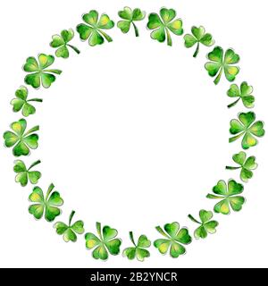 St. Patrick's Day round frame. Holiday card with watercolor clover mandala on white background. Stock Photo