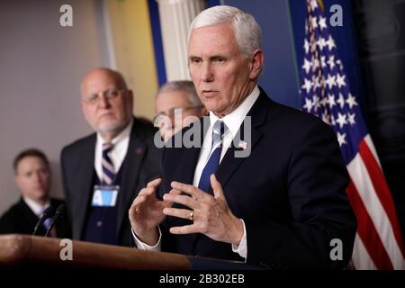 Washington DC, USA. 03rd Mar, 2020. United States Vice President Mike Pence speaks during a press conference with members of the Coronavirus Task Force at the White House in Washington on March 3, 2020. Credit: Yuri Gripas/Pool via CNP /MediaPunch Credit: MediaPunch Inc/Alamy Live News Stock Photo