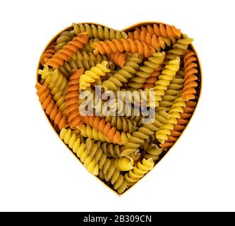 Colorful pasta in a heart shape isolated on white background. Easy replace backdrop, Vector Design element, Valentines Day. Stock Photo