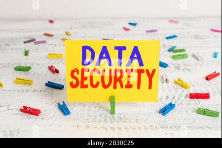 Conceptual hand writing showing Data Security. Concept meaning the process of protecting data from unauthorized access Green clothepin white wood back Stock Photo