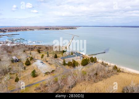 Drone image of Cormaria and Breakwater in Sag Harbor, NY Stock Photo