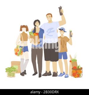 Happy family of man, woman and two kids holding zero waste products in hands - reusable mug, bags, ecology zero waste kitchen and hygiene products Stock Vector