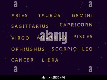 Vector golden Horoscope symbol set. All 13 Horoscope Zodiac sign names collection in shiny golden glitter style with names shining stars. Astrology Stock Vector