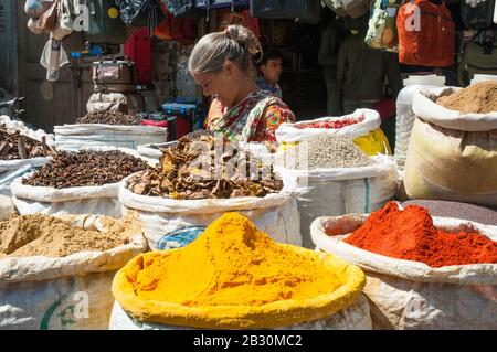 Female vendor in the market at Bhuj, Rann of Kutch, Gujarat, India Stock Photo