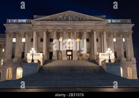 Entrance to the US Senate Chamber at the US Capitol Building seen at night. Stock Photo