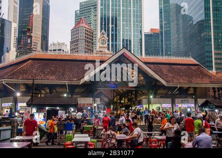 Lau Pa Sat food court (1894) on Raffles Quay in the Financial District, Singapore Stock Photo