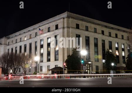 Dirksen Senate Office Building on Constitution Avenue across from the U.S. Capitol seen at night. Stock Photo