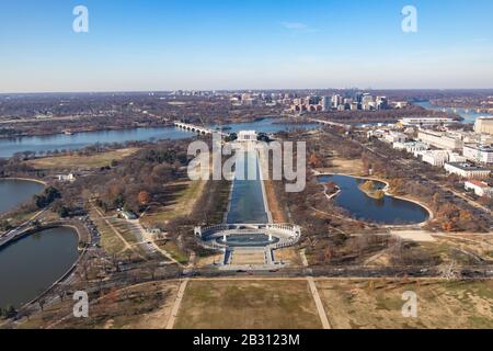 View from atop of the Washington Monument looking down the National Mall towards the Lincoln Memorial. Stock Photo