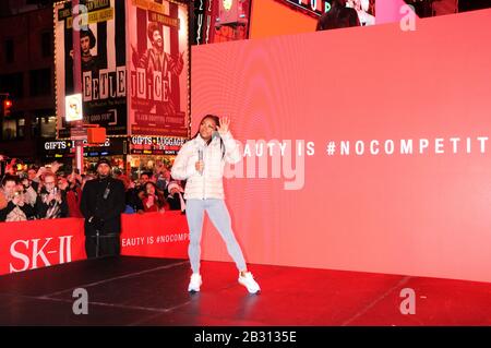 New York City, United States. 04th Mar, 2020. Olympic gymnast Simone Biles takes over Times Square to promote her skincare brand SK-II in New York City. Credit: SOPA Images Limited/Alamy Live News Stock Photo