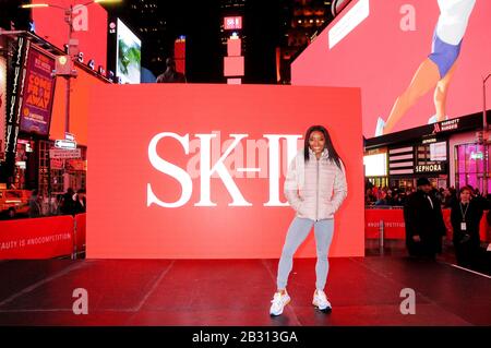 New York City, United States. 04th Mar, 2020. Olympic gymnast Simone Biles takes over Times Square to promote her skincare brand SK-II in New York City. Credit: SOPA Images Limited/Alamy Live News Stock Photo