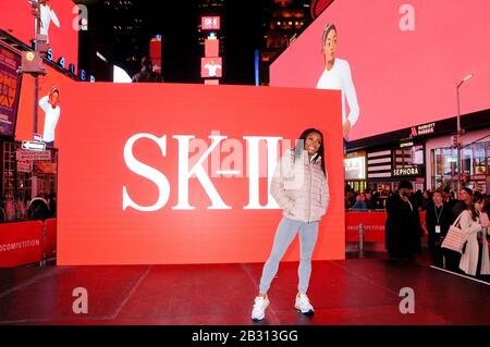 New York City, United States. 04th Mar, 2020. Olympic gymnast Simone Biles takes over Times Square to promote her skincare brand SK-II in New York City. Credit: SOPA Images Limited/Alamy Live News Stock Photo