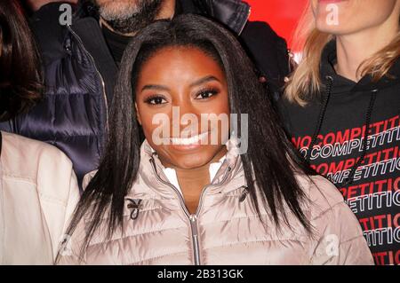 New York City, United States. 04th Mar, 2020. Olympic gymnast Simone Biles takes over Times Square to promote her skincare brand SK-II in New York City. Credit: SOPA Images Limited/Alamy Live News Stock Photo