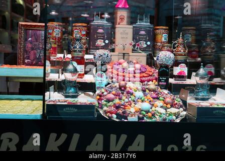 Showcase with oriental sweets. Turkish black tea and sweets. Istanbul. Stock Photo