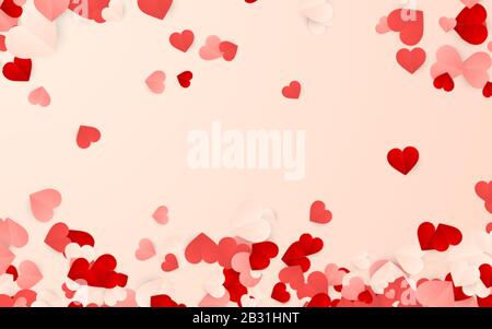Happy Valentines Day background, paper red, pink and white hearts confetti. Vector illustration. Stock Vector