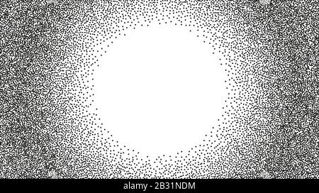 Stipple vector grunge background. Black ink dotted backdrop with circle frame. Halftone effect Stock Vector