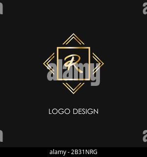 Premium style R letter logo. Gold symbol on a black background. Luxury art deco monogram sign and lines Stock Vector